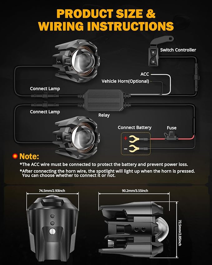 Auxbeam Motorcycle Auxiliary Lights Fog Lights LED Driving Light Spotlight with Halo DRL, White/Amber 8 Modes Dual-Color Strobe LED Offroad Work Lights for Motorcycle SUV ATV Trucks