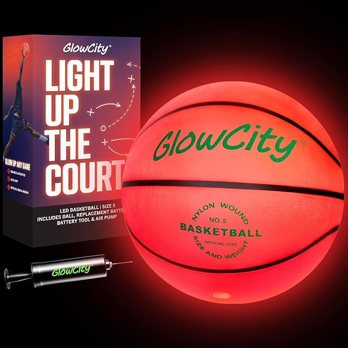 GlowCity Glow in The Dark Basketball - Sizes 5, 6, 7 Light Up Ball for Kids, Teens & Adults - Red Glow for Outdoor Games - Sports Birthday Gifts Ideas for Boys Ages 6 7 8 9 10 11 12 13 14