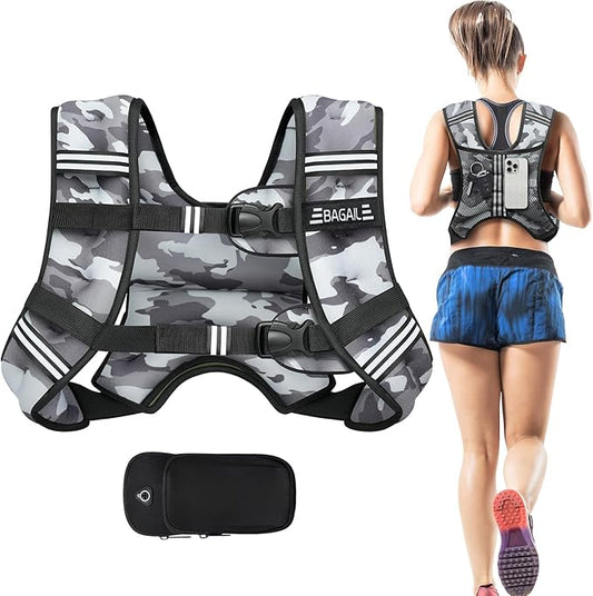 BAGAIL Weighted Vest, 5lbs/8lbs/10lbs/12lbs/15lbs/20lbs/25lbs/30lbs Weight Vest with Detachable Phone Pouch, Rucking Vest for Women, Men, Walking, Weight Loss, Training, Running