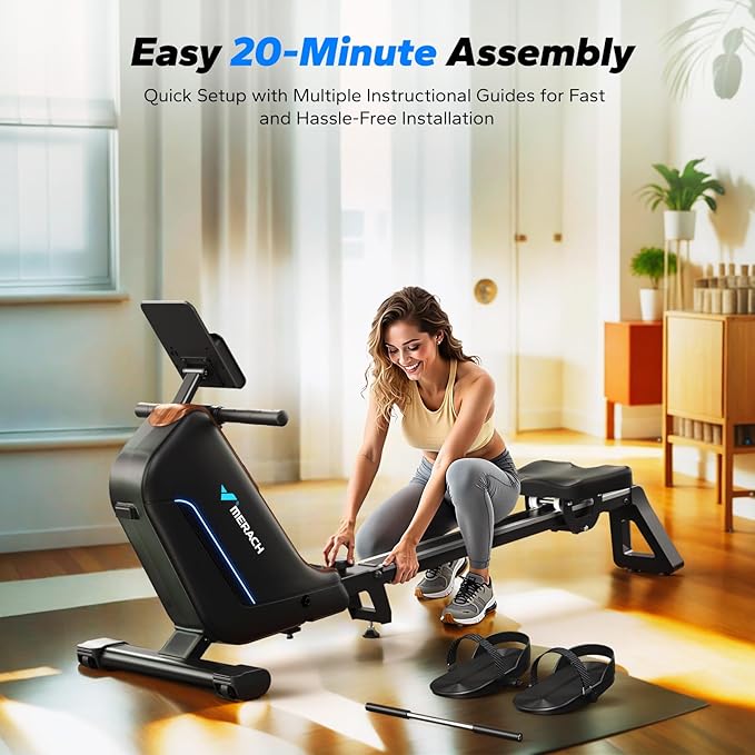 MERACH Rowing Machines for Home, Powerful Electromagnetic Row Machine with 51.2" Extended Rail, 16-Level Handle Resistance Adjustment Rower, 350 LBS Load Capacity, Ergonomic Comfort Seat, Easy Storage