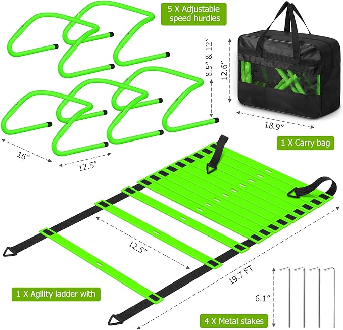 Speed and Agility Training Equipment: 5 Adjustable Agility Hurdles. 20ft Agility Ladder, Soccer Training Equipment Set for Kids Youth Adults
