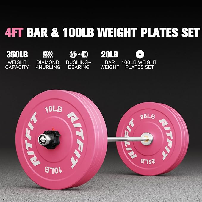RitFit Barbell Weight Set - 4/6FT Olympic Barbell with Weight Plates (55-275LB Total) - Weightlifting Equipment for Squats, Curls, Deadlifts, Presses, Hip Thrusts