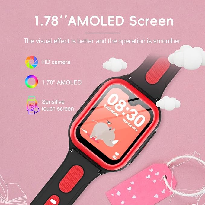 Wonlex 4G GPS Smartwatch for Kids, 1.78" AMOLED Touchscreen Phone Watch with SIM Card, Video Calls, Voice Chat, SOS, Camera, Music, Pedometer, Game, Birthday Gift for Girls Boys Ages 8-15(Red)
