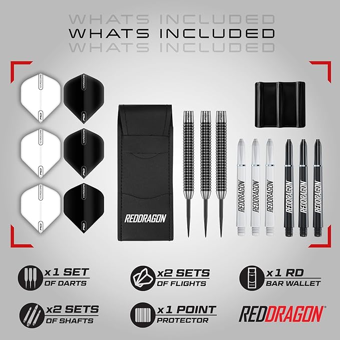 RED DRAGON Pegasus Professional Tungsten Steeltip Darts Set Available in 21, 23, 24, 25, 26, 28, 30 Gram with Flights, Stems (Shafts) and Wallet