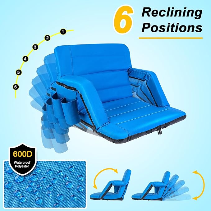 Stadium Seats with Back Support 2 Pack Wide, Exclusive Bleacher Chairs with Back and Cushion Folding Stadium Chairs, 6 Reclining Positions Waterproof Bleacher Seats (Wide|22.5" Blue)