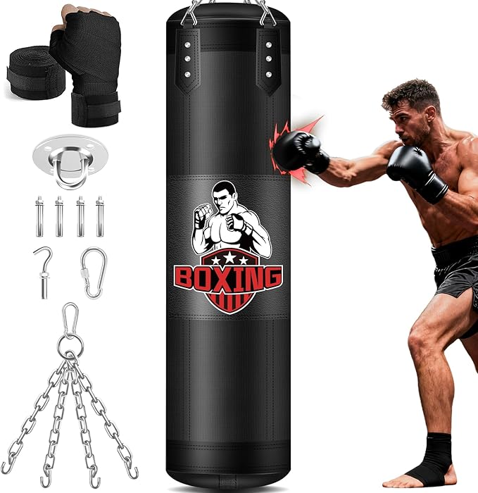 Punching Bag for Adults, 4FT PU Heavy Boxing Bags with Chain Ceiling Hook, Hanging Boxing Bag for Kickboxing Muay Thai Karate Judo Taekwondo Home Gym Training, Unfilled