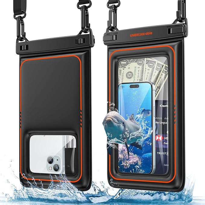 UNBREAKcable [UP to 9.5"]XL Size Waterproof Phone Pouch Floating [Sponge Cushion] IPX8 Phone Case Dry Bag for iPhone 17 16 15 14 Pro Max Samsung S25 Ultra, Travel Kayaking Beach Essentials - 2 Pack