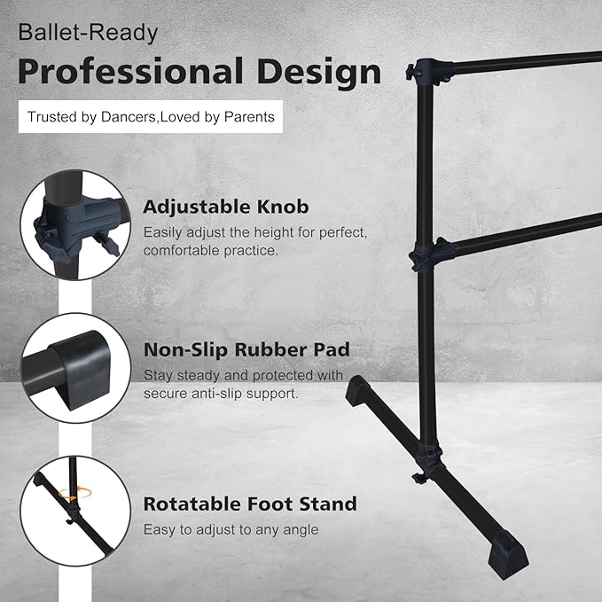 4FT/6FT Freestanding Ballet Barre Wood/Steel Height Adjustable from 7 to 46 inch Ballet Bar Portable Double Dance Bar for Home Workout and Stretch