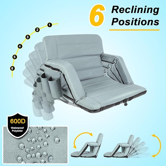Stadium Seats with Back Support Wide, Exclusive Bleacher Chairs with Back and Cushion Folding Stadium Chairs, 6 Reclining Positions Waterproof Bleacher Seats with 2 Hooks (Wide|22.5" Grey)