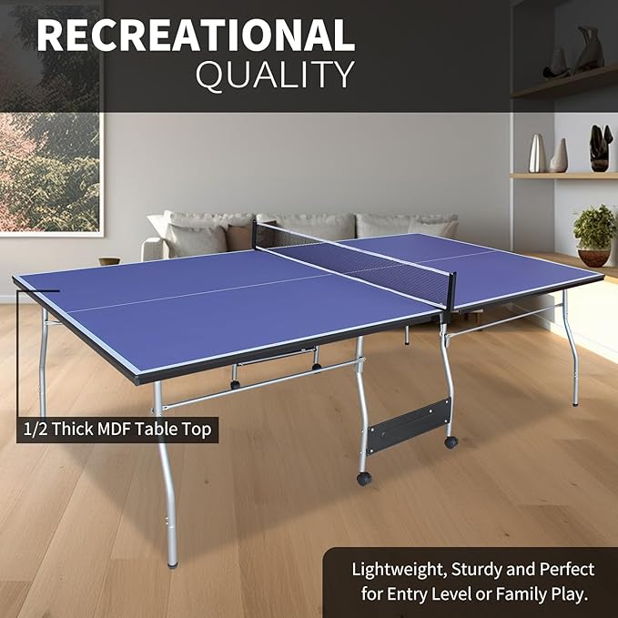 Professional Table Tennis Table, Foldable Ping Pong Game Set for Indoor, 8FT 9FT Single Player Playback Mode Ping Pong Table with Net and Post Set, 2 Paddles and 3 Balls