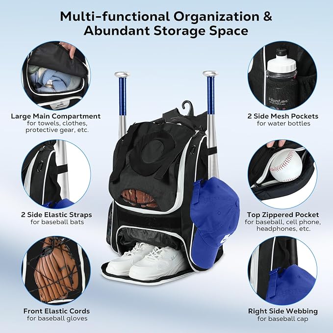 MoKo Baseball Bag, Softball Bag with External Helmet Holder & Fence Hook for T-Ball Bat Softball Equipment, Lightweight & Breathable Baseball Backpack with Shoe Compartment for Youth & Adult, Black