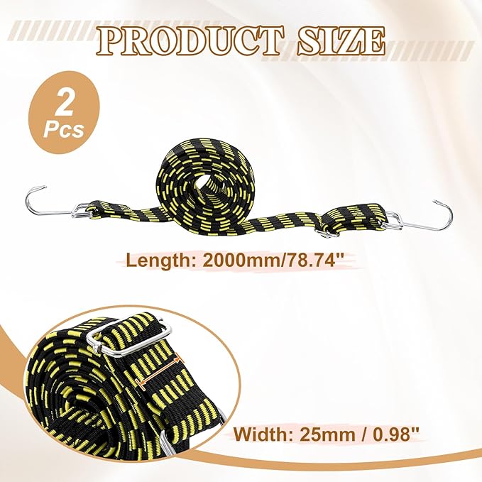 uxcell 2Pcs Adjustable Bungee Cords with Hooks, 79 Inch Flat Heavy Duty Elasticity Straps Rubber Bungee Cords with Buckle for Outdoor, Camping, Tarp, Bike Rack, Luggage, Black Yellow