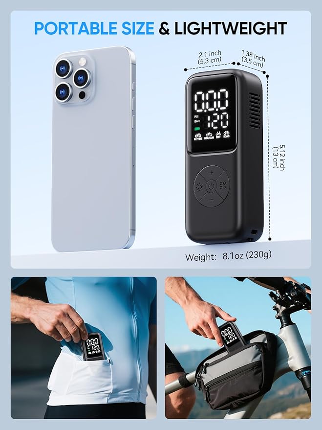 Mini Electric Bike Pump,120 PSI Bike Pump Portable with Guage Auto Stop, Bicycle Pump with Presta and Schrader, Bike Tire Pump Valve for Road Bicycle, Mountain Bike, E-Bike,Sports Ball