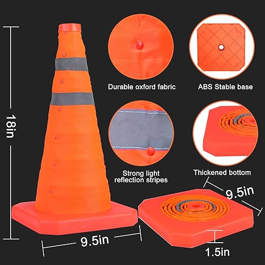 [10 Pack]18 Inch Collapsible Traffic Safety Cones - Parking Cones with Reflective Collars, Orange Safety Cones for Parking lot, Driveway, Driving Training etc
