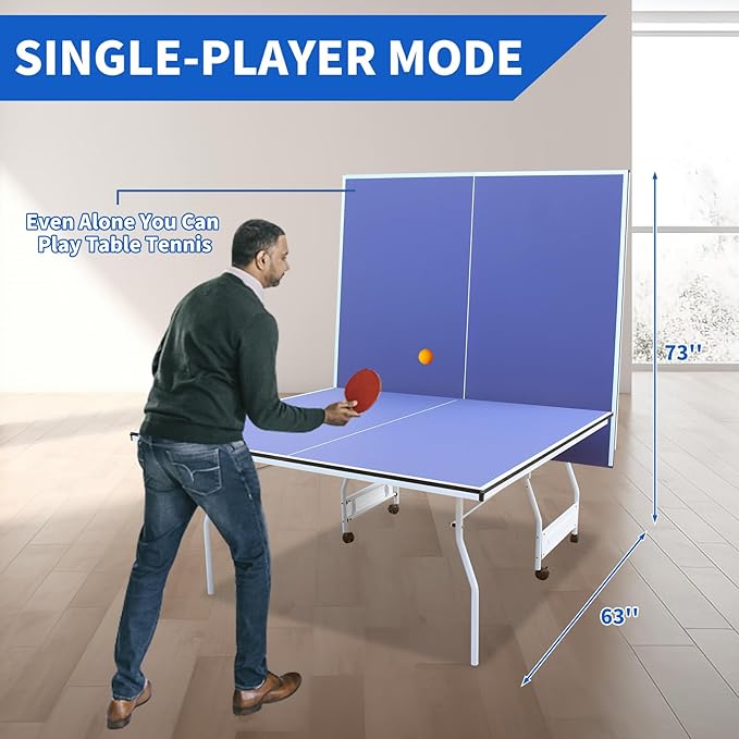 Ping Pong Table Foldable Table Tennis Table with Net, Table Tennis Paddles and Balls, 4.5FT/6FT/9FT MDF Multi-Use Family Game Table for Kid Teenager Adult, Compact & Portable