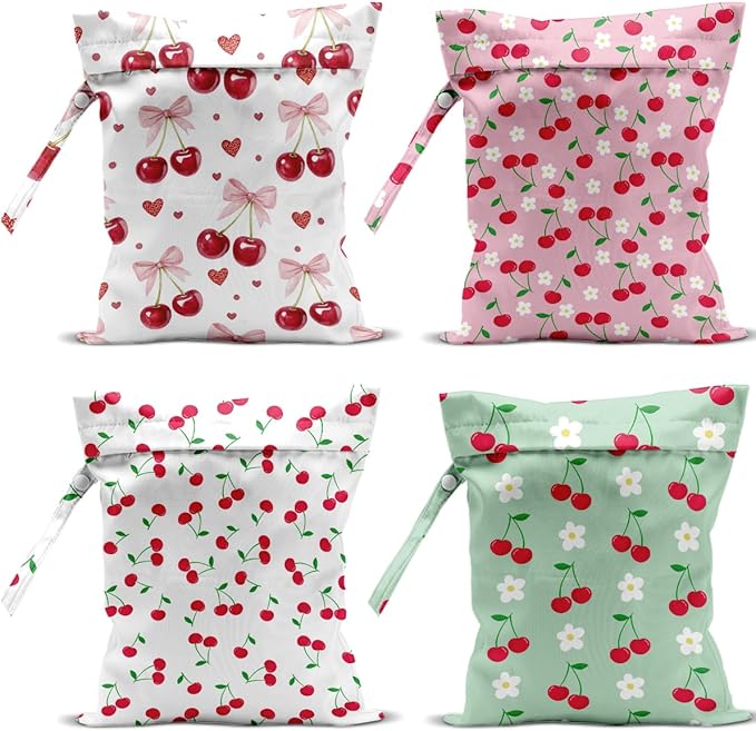 4 Pack Cute Flower Bow Cherry Wet Bag Waterproof Washable Reusable Wet Dry Bag for Swimsuit Clothes Soiled Items Cloth Diaper Travel Beach Pool Yoga Gym Toiletries Travel Beach Essentials