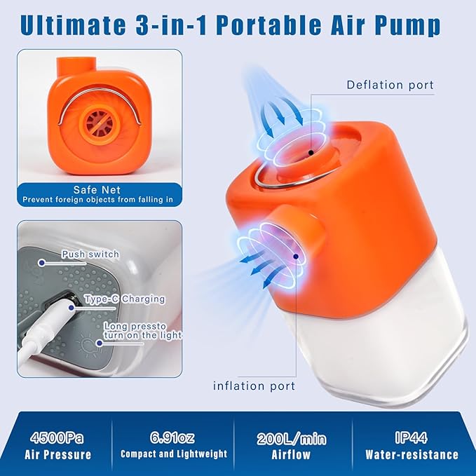 Portable Air Pump for Inflatables,Electric Air Pump with 3600mAh 4.5KPa & Camping Light,Mini Electric Air Pump with Inflate Deflate for Air Mattresses, Pool Floats,Vacuum Storage Bags,Camping Gear