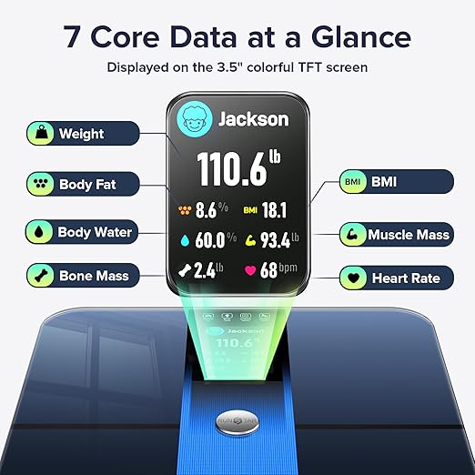 RunStar Smart Scale for Body Weight and Fat Percentage FSA&HSA Eligible, 3.5" TFT Color Display High Precision Digital Bathroom Scale BMI Heart Rate 22 Body Composition Analyzer Sync with Fitness App