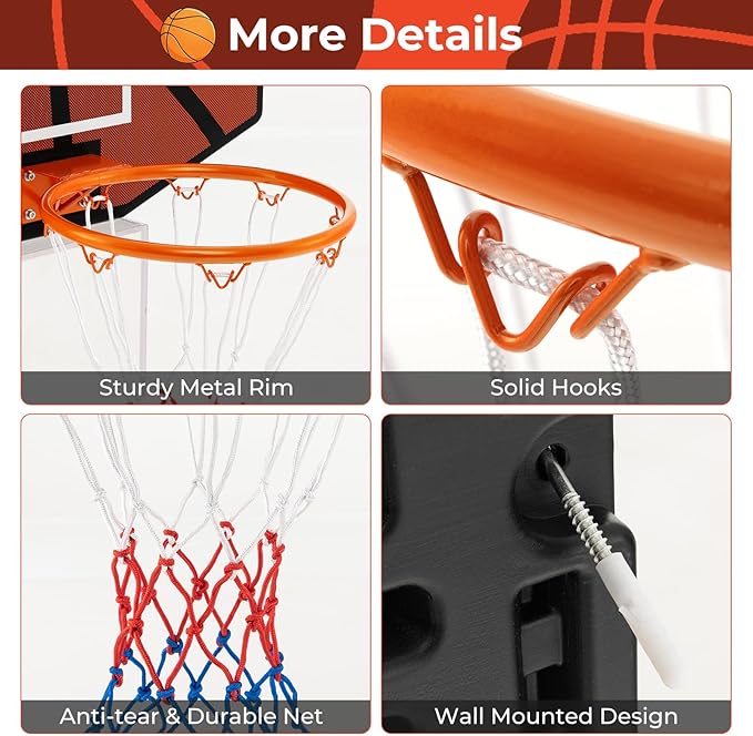 Goplus Wall Mount Basketball Hoop, 26" x 17.5" Indoor Outdoor Basketball Games w/Large Shatter-Proof Backboard, Anti-Tear Net, Door Wall Mounted Basketball Playset for Backyard Family Kids Adults