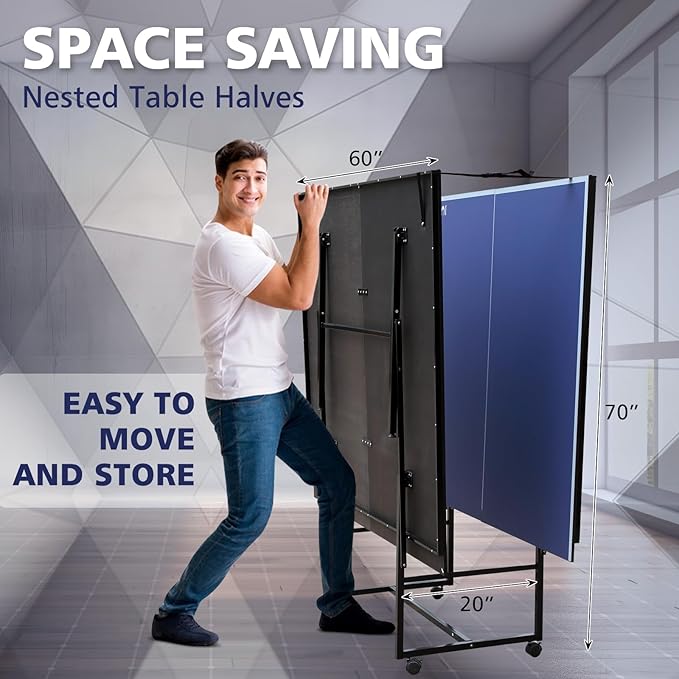 4FT/6FT/8FT/9FT Folding Rolling Table Tennis Table Regulation Ping Pong Table with 2 Paddles 3 Balls 1 Net and Post Set Fold-Up Design 4 Wheels for Easy Movement