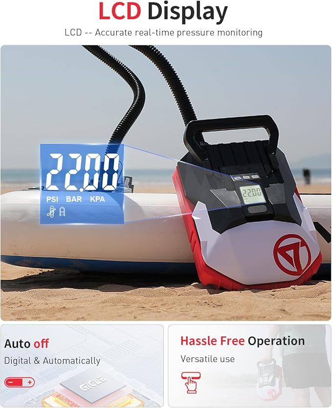Paddle Board Pump with 12V DC Car Connector, 22PSI High Pressure Electric SUP Pump for Inflatables, Inflator and Deflator for Portable Boat, Kayak Accessories for Water Sports