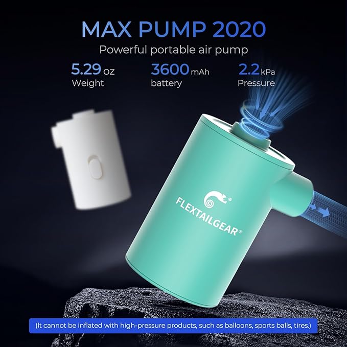 FLEXTAILGEAR MAX Pump Portable Air Pump with 3600mAH Battery USB Rechargeable Air Pump-Quick Inflate Deflate for Sleeping Pads, Air Mattress, Pool Toys, Floats, Swimming Ring, Air Bed (Green)