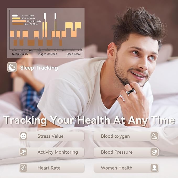 Health Smart Ring for Men Women, Fitness Tracker with Heart Rate/Blood Pressure/Blood Oxygen Monitor,Sleep Tracker,Pedometer, IP68 Waterproof Ring for iPhone&Android, No Subscription (Black, Size10）