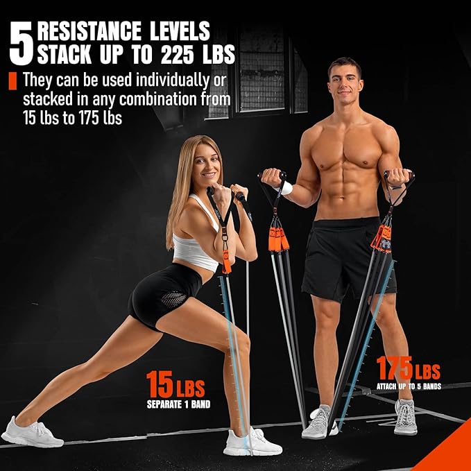 Resistance Bands with Handles, 175lb Exercise Bands for Working Out, Fitness Bands, Workout Bands with Door Anchor and Ankle Straps, Physical Therapy, Yoga, Strength Training Home Gym Equipment