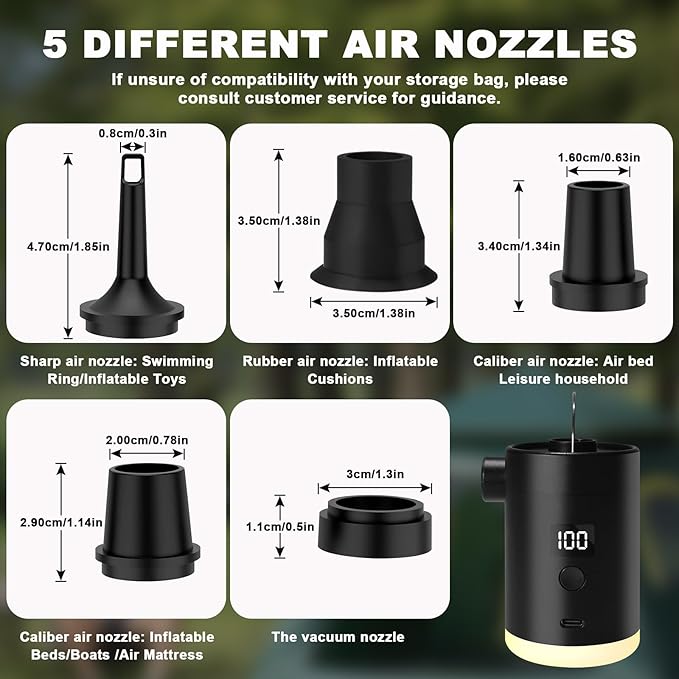 Portable Air Pump for Inflatables: Type-C Rechargeable with 4000mAh Battery Lightwight Ultra-Fast Inflate Deflate Electric Air Pumps with Camping Light for Sleeping Pads, Pool Toys, Floats