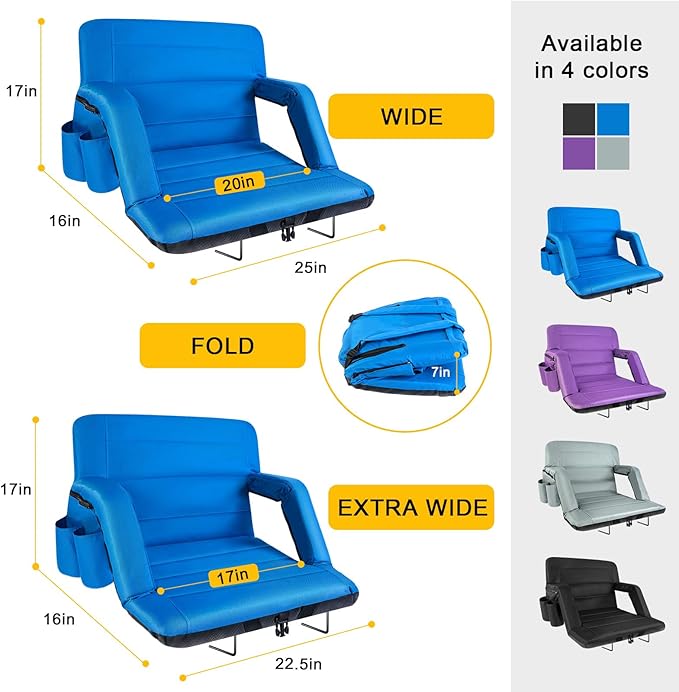 Stadium Seats with Back Support 2 Pack Wide, Exclusive Bleacher Chairs with Back and Cushion Folding Stadium Chairs, 6 Reclining Positions Waterproof Bleacher Seats (Wide|22.5" Blue)
