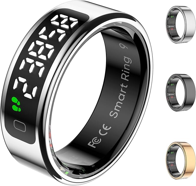 Smart Ring Health Tracker with Display Screen, Sleep Tracker Ring with Heart Rate, Fitness Ring Step tracker for Activity Monitoring/Steps/Calories,Wireless Charging, for iOS Android (Silver,11#)