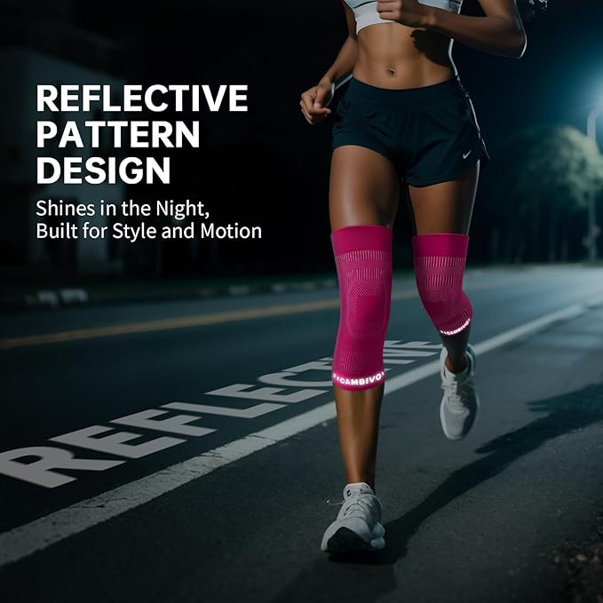 CAMBIVO Elite Motion Series Knee Brace for Women and Men (2 Pack), Ultra-Thin Lightweight Knee Compression Sleeve with Reflective Design for Pain Relief, Running, Workout, Daily Use (Hot Pink, Medium)