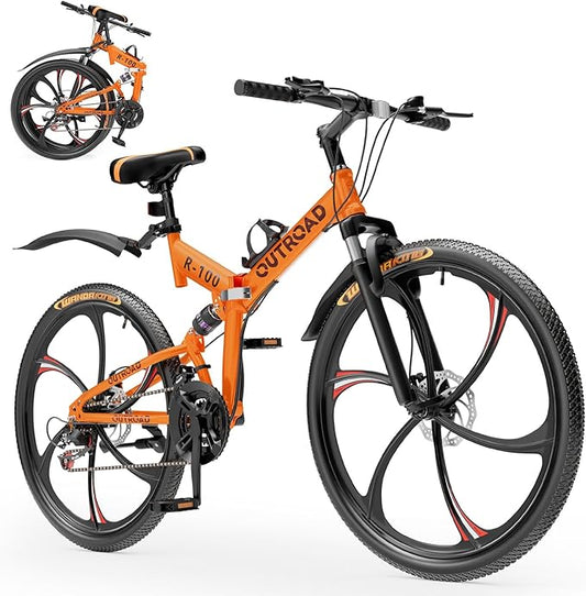 26 Inch Folding Mountain Bike, 21 Speed Full Suspension Bicycle with High-Carbon Steel, Dual Disc Brake Non-Slip Quick Release tire Folding Bicycle for Adults/Men/Women