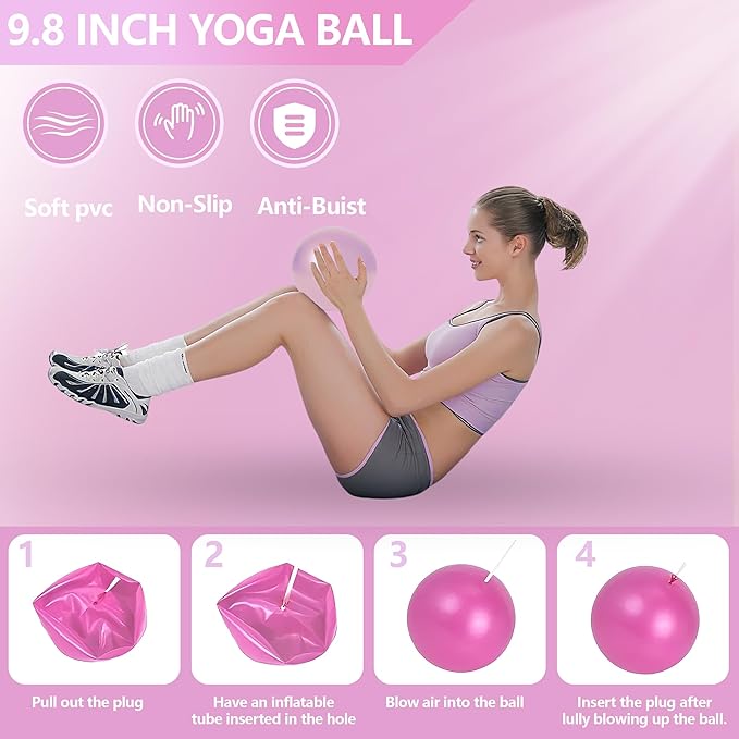 Pilates Ring Circle Set 10 pcs Pilates Equipment Accessories for Home Workouts 9.8” Pilates Ball 12” Magic Circle Yoga Ring and Resistance Bands for Women Pilates Ring and Ball Set Gift (Pink)