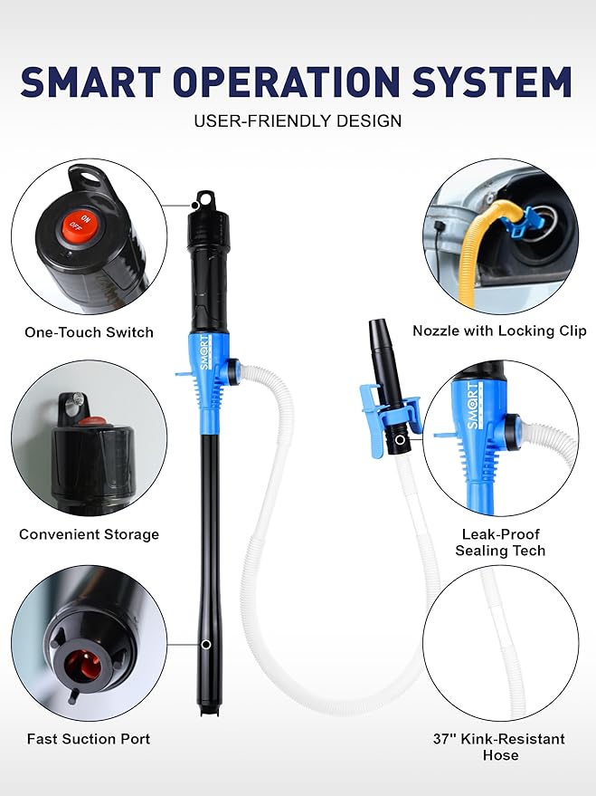 SMART JERRY - Battery Operated Fuel Pump | Electric Oil Transfer Pump for Gasoline, Diesel, Water, Transmission | 3 GPM Hand Pump with Locking Clip, Water Siphon Pump