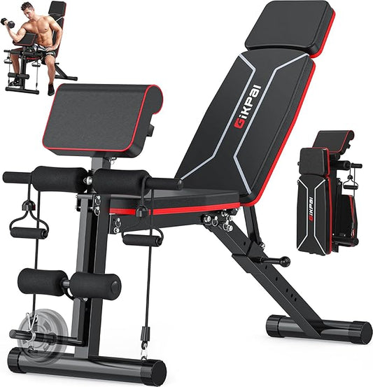 GIKPAL Adjustable Weight Bench - Workout Bench Press for Home Gym, Foldable Incline Decline Sit up Exercise Bench for Full Body Strength Training w/Leg Extension and Preacher Pad