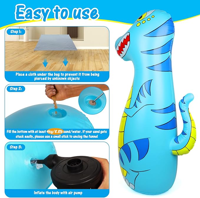 Punching Bag for Kids 47" Inflatable Dinosaur Bop Bag with Thicker Material Instant Bounce Back with Boxing Gloves Karate Kickboxing Taekwondo Kids Gift for Age 3-9 Girls & Boys