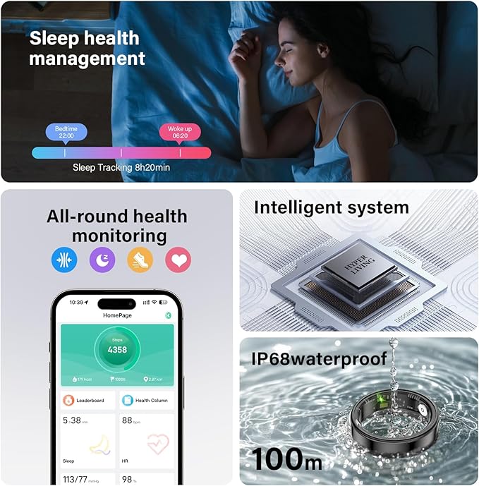 Smart Ring with Sleep Monitoring, Step Counting, Heart Rate, Blood Oxygen, Blood Pressure for iPhone and Android, No Subscription Fee, IP68 Waterproof Health Tracker (Silver, 10)