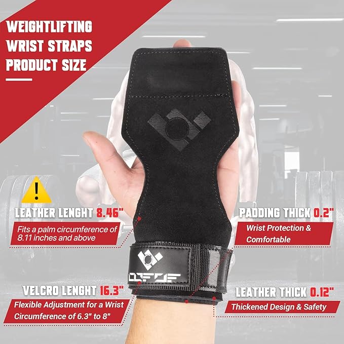 Weight Lifting Wrist Strap, Double Layer Leather Wrist Strap for Deadlift and Powerlifting, Adjustable Neoprene Padded Gym Workout Lifting Hooks (Pair)