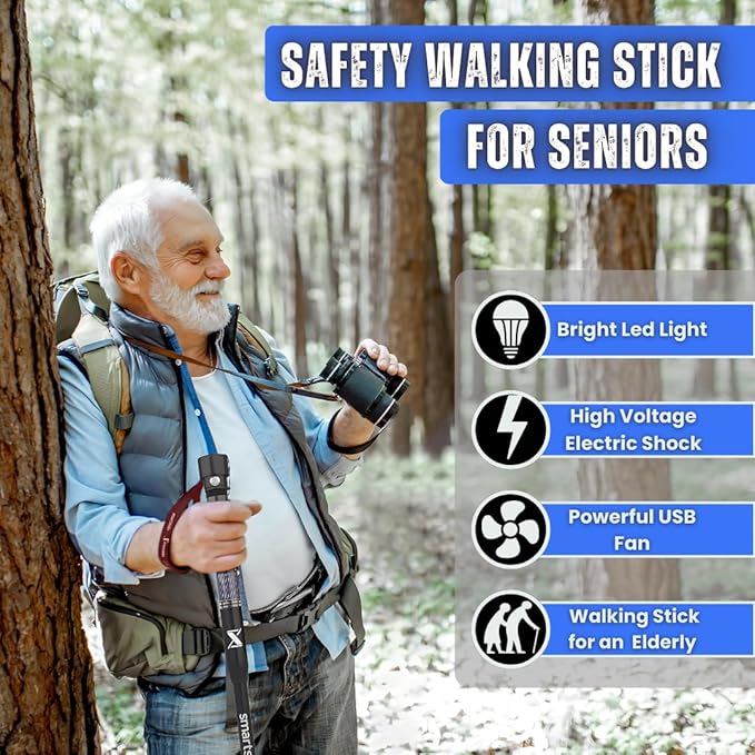 Tactical Walking Stick Staff Self Defense Stun Gun, 2 Bright LED Light Modes, Military Grade Aluminum, USB Charging Port/Fan, Outdoor Adventures, Trekking, Survival Hiking Tactical Tool