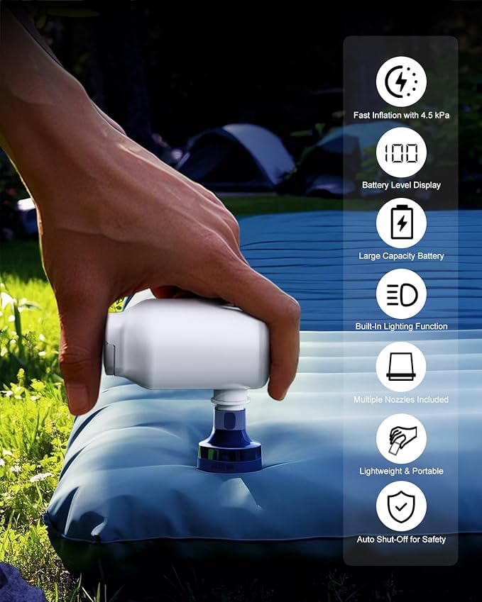 Portable Air Pump with Battery for Inflatables, 5 Nozzles, 350L/min Wind Speed & Camping Light – Quick Inflation & Deflation Mini Electric Air Pump for Air Mattresses, Air Bed, Swim Rings, Pool Floats