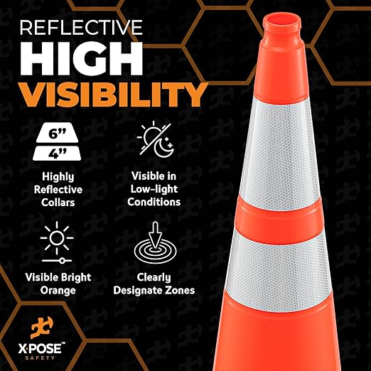 Xpose Safety 36 Inch Orange Traffic Cones with 6" & 4" Collars, 24-Pack - Multipurpose PVC Plastic Safety Cone for Parking, Soccer, Caution, Kids and Construction - DOT Approved