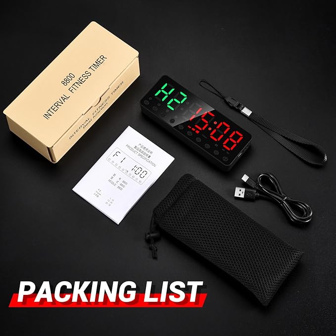 Portable Gym Timer, Fitness Timer Clock, Home Garage Gym Workout Timer, Built-in Strong Magnet and Lithium Battery and Beat Function, Large LED Digital Anti-Vertigo Display(Black+Black)