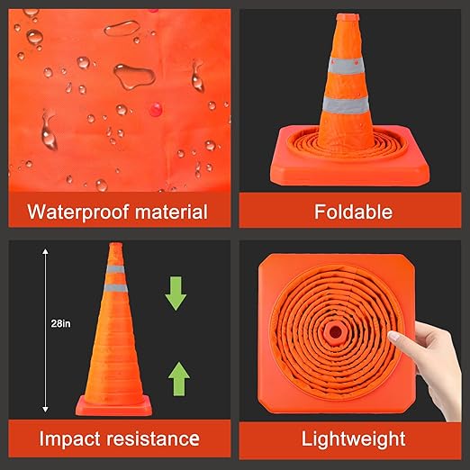 [6 Pack]28 Inch Collapsible Traffic Safety Cones - Parking Cones with Reflective Collars, Orange Safety Cones for Parking lot, Driveway, Driving Training etc.
