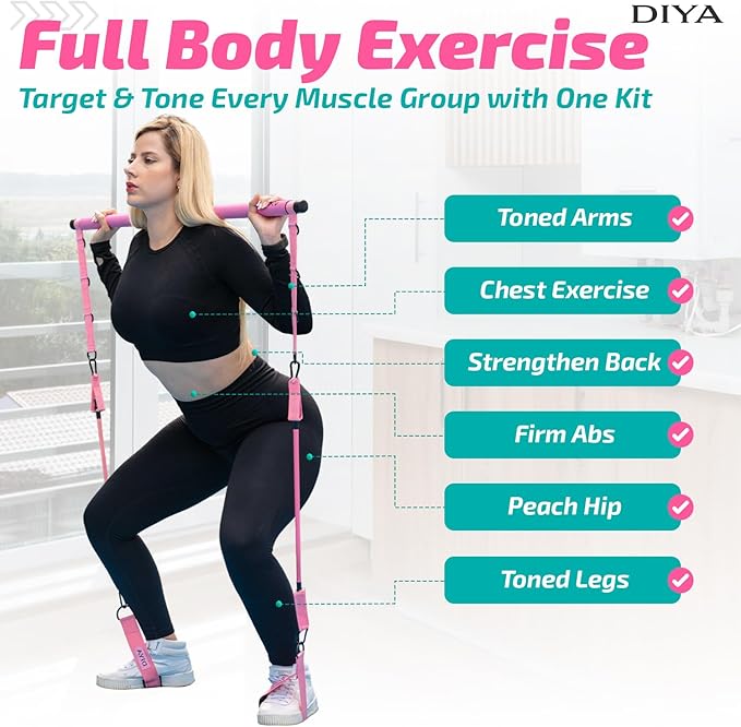 Pilates Bar Kit with Resistance Bands, Stretched Pilates Bar for Women & Men, 140 lbs Equipment for Legs, HIPS, Waist, Arms, Back, Core, Adjustable 3-Section Home Gym Kit for Full-Body Workouts