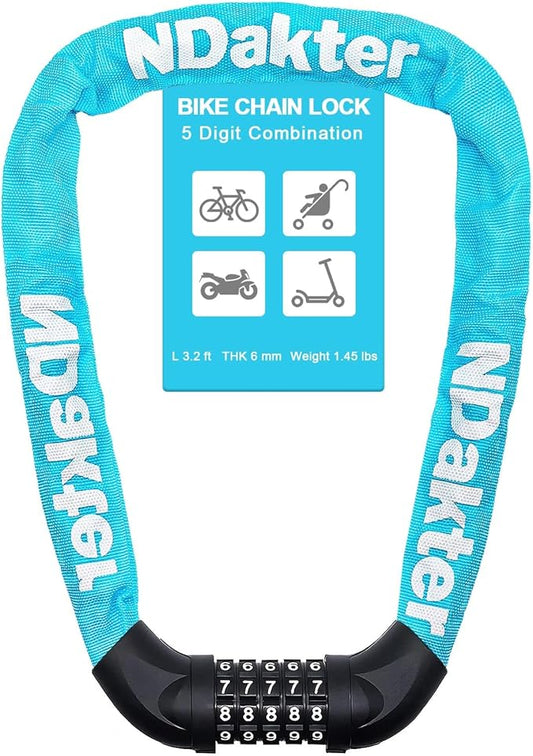 NDakter Bike Chain Lock, 5 Digit Combination Heavy Duty Anti Theft Bicycle Chain Lock,2.62/3.2/4.27/5/6Ft Long Security Resettable Bike Locks for Bike, Bicycle, Scooter, Door, Gate, Fence-4/6mm Thick