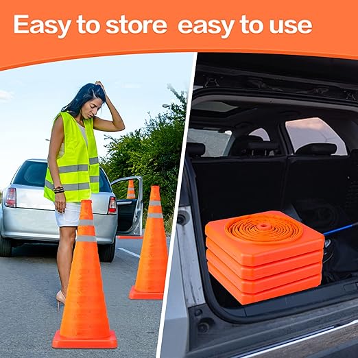 [6 Pack]28 Inch Collapsible Traffic Safety Cones - Parking Cones with Reflective Collars, Orange Safety Cones for Parking lot, Driveway, Driving Training etc.
