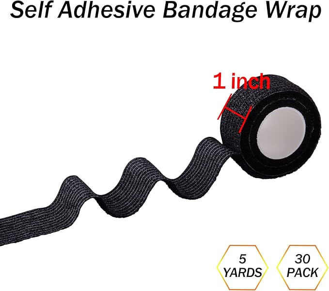 BQTQ 30 Rolls Self Adhesive Bandage Wrap Self Adherent Wrap Bandage 1 inch Self Stick Bandage Wrap Tape Stretch Bandages for Wrist Ankle Swelling Sprains (Black)