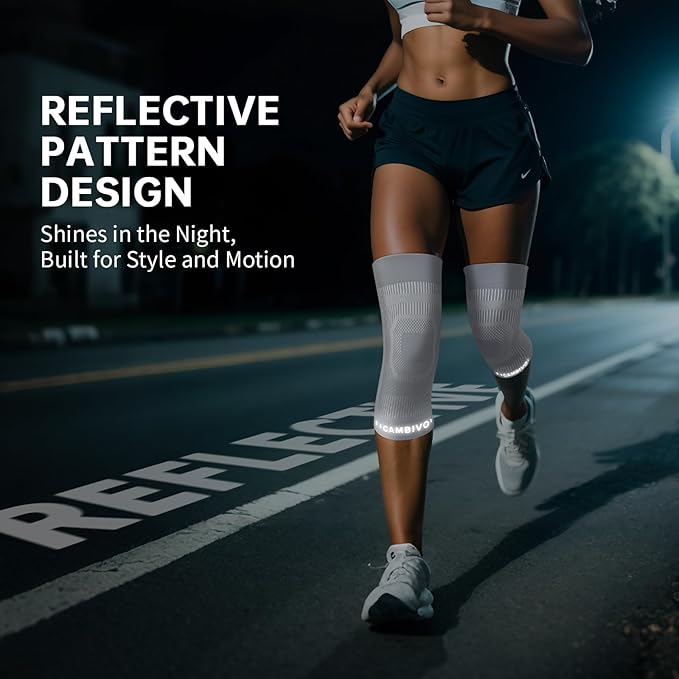 CAMBIVO Elite Motion Series Knee Brace for Women and Men (2 Pack), Ultra-Thin Lightweight Knee Compression Sleeve with Reflective Design for Pain Relief, Running, Workouts, Daily Use (Gray, Large)