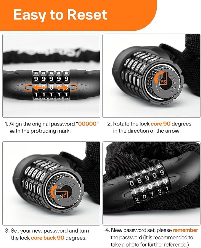 Sportneer Bike Lock: 5 Digit Combination High Security Anti Theft Bike Chain Lock - 3.2/3.6/4ft Heavy Duty Keyless Bicycle Lock for Bike, Motorcycle, Scooter, Door & Gate - 4/6mm Thick, Easy to Use